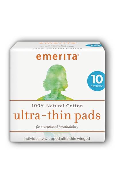 Emerita - Emerita Natural Cotton Ultra Thin Pads, Daytime w/Wings, Individually Wrapped 10 ct