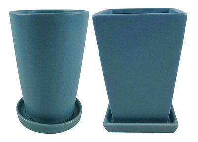 BIH Collection - BIH Collection Ceramic Tall Pots with Attached Saucers 5" - Blue