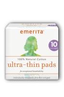 Health & Beauty - Menstrual & Menopausal Care - Emerita - Emerita Natural Cotton Ultra Thin Overnight Pads, w/Wings, Individually Wrapped 10 ct